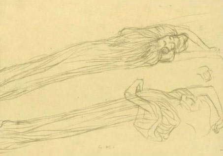 Rechts zwei Studien einer schwebenden drapierten Figur Gustav Klimt